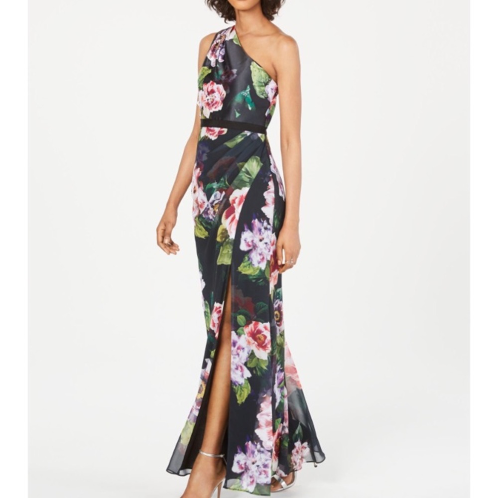 Adrianna Papell Floral-Print One-Shoulder Gown